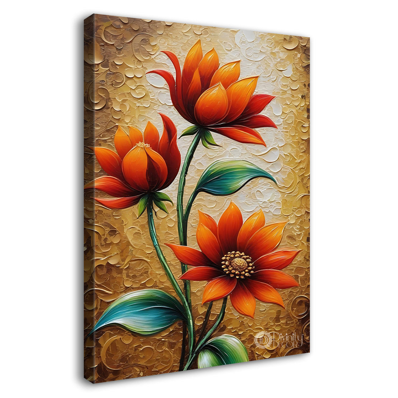 Orange flowers in light brown textured painting- Flower-V-431