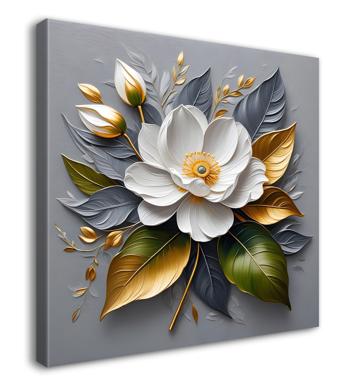 White flowers in grey textured oil painting - Flower-S-431