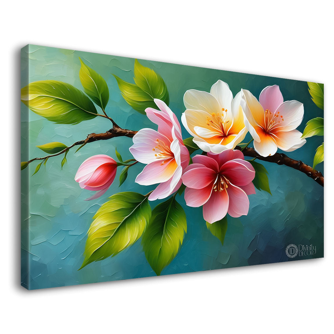 Pink flowers in green background canvas painting- Flower-431