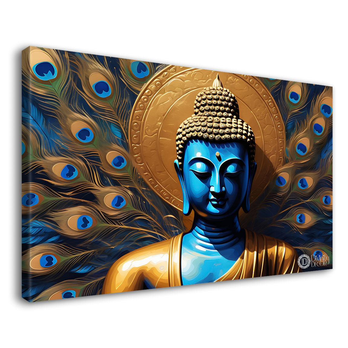Blue buddha with the peacock feathers background textured painting Canvas Wall Painting - Buddha-432