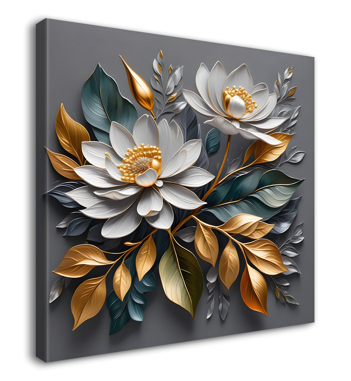 White flowers in grey textured oil painting - Flower-S-432