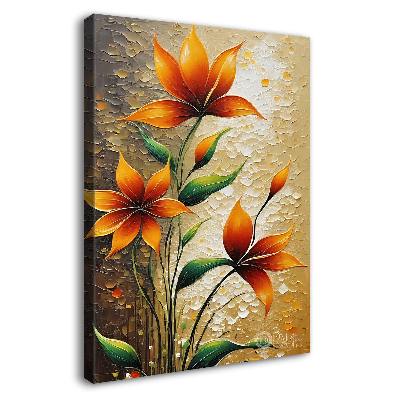 Orange flowers in light brown textured painting- Flower-V-432