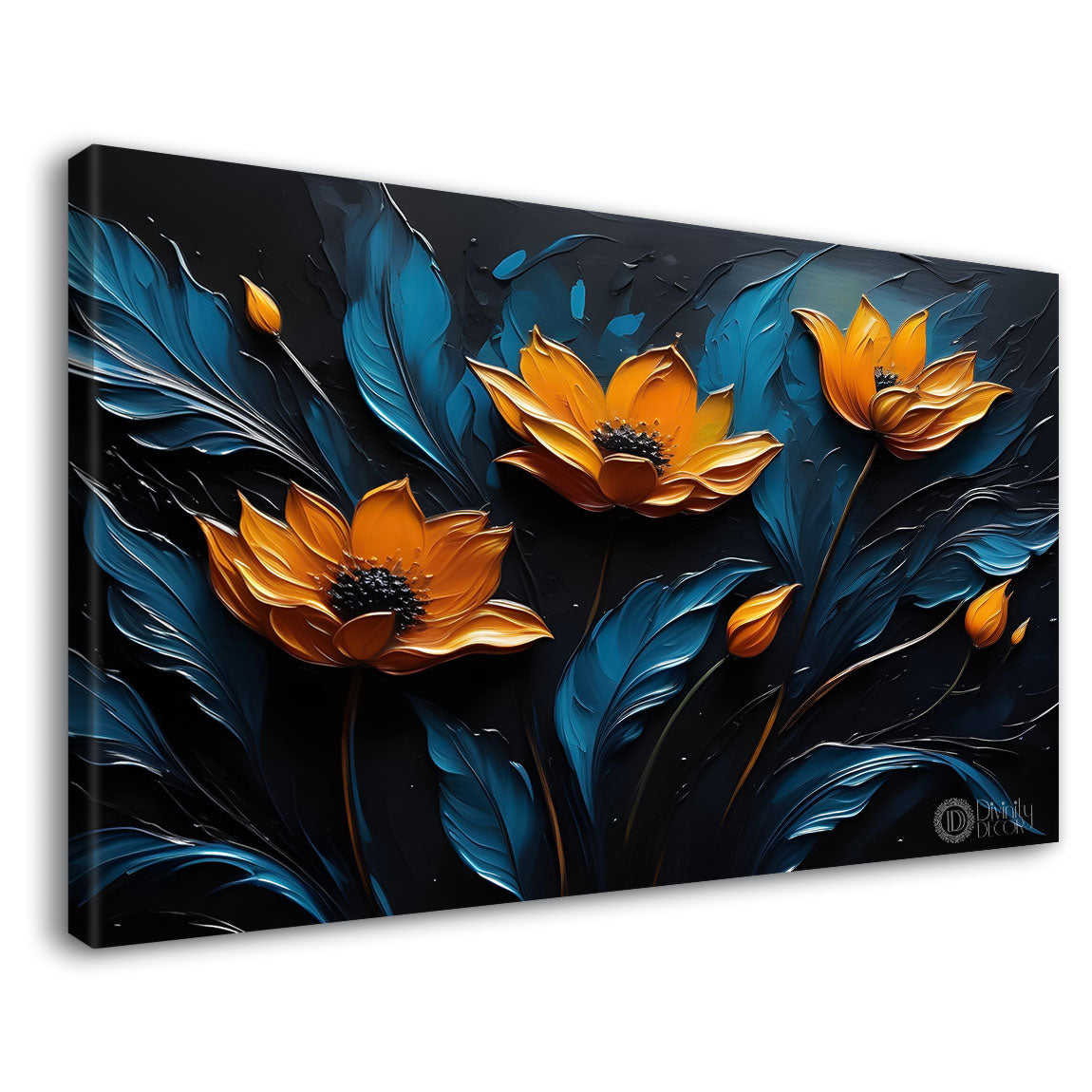 Yellow flowers in green and dark background canvas painting- Flower-432