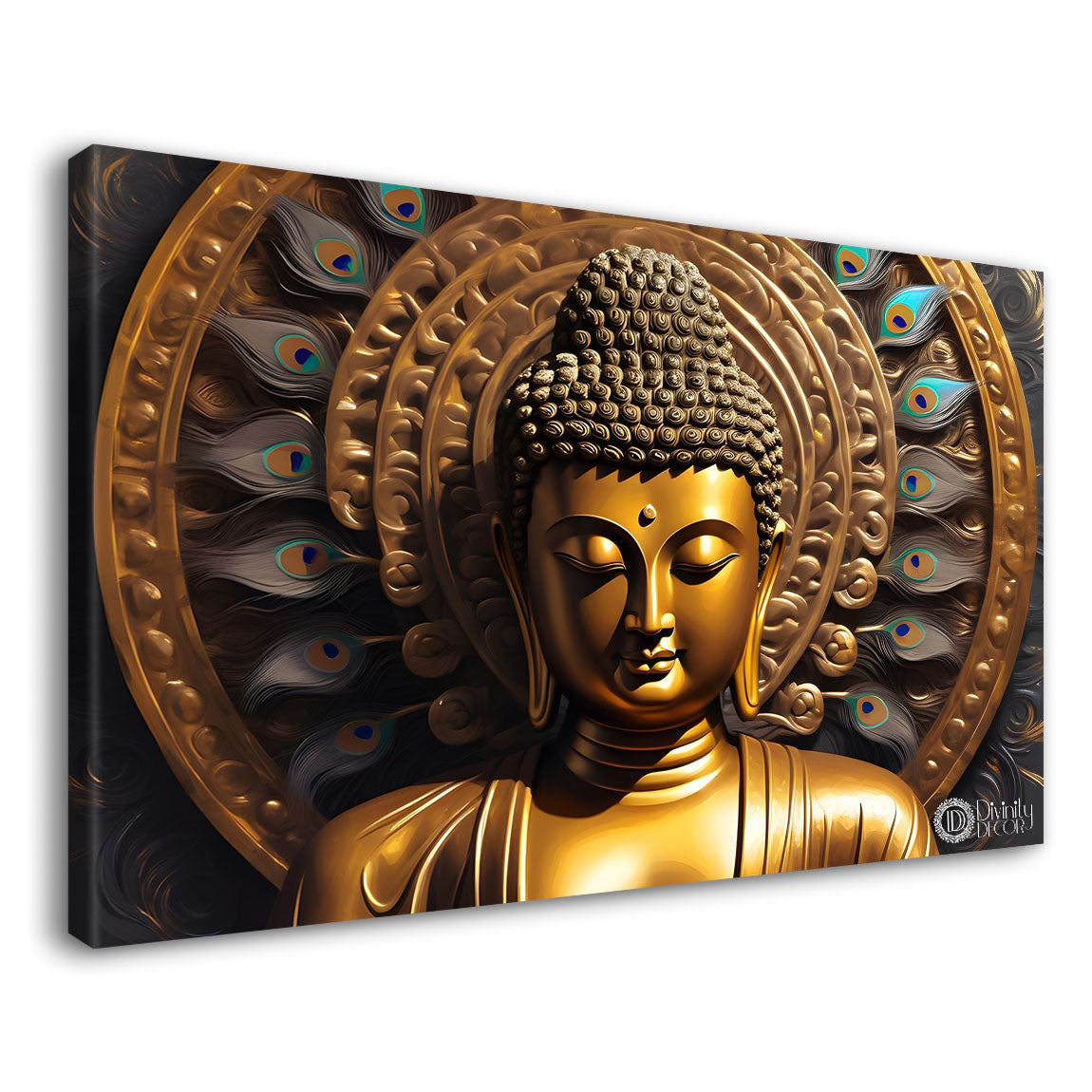 Golden buddha with the golden peacock feathers background textured painting Canvas Wall Painting - Buddha-433