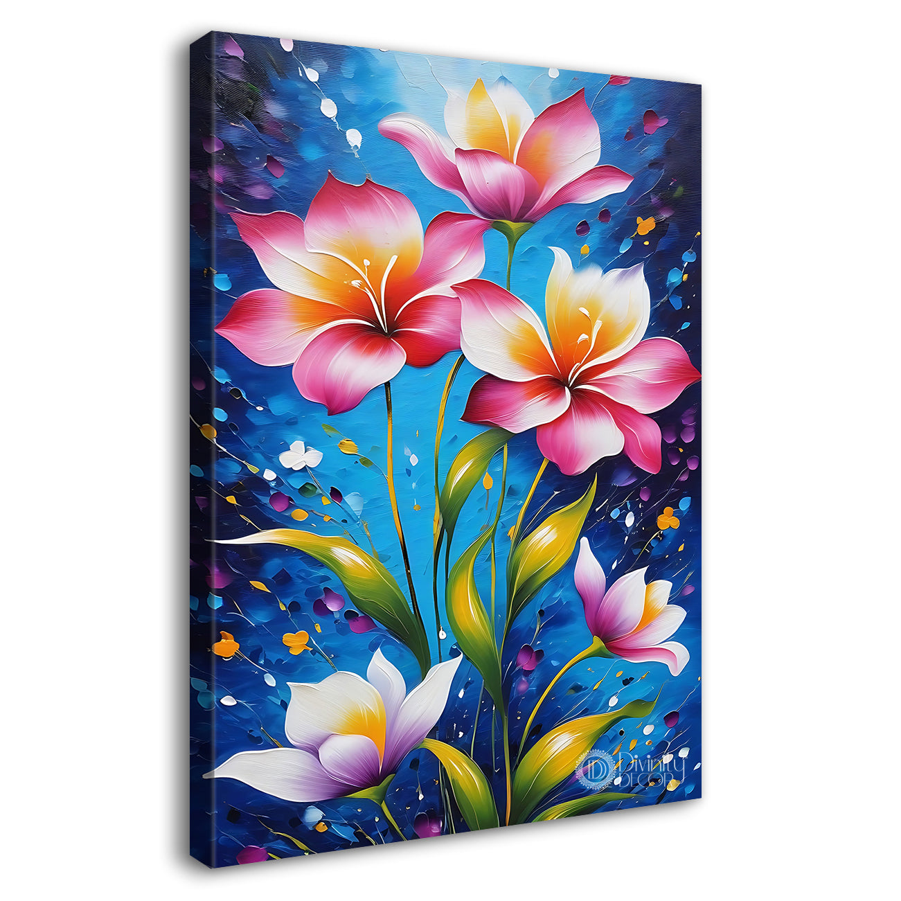 Pink flowers in blue textured painting- Flower-V-433