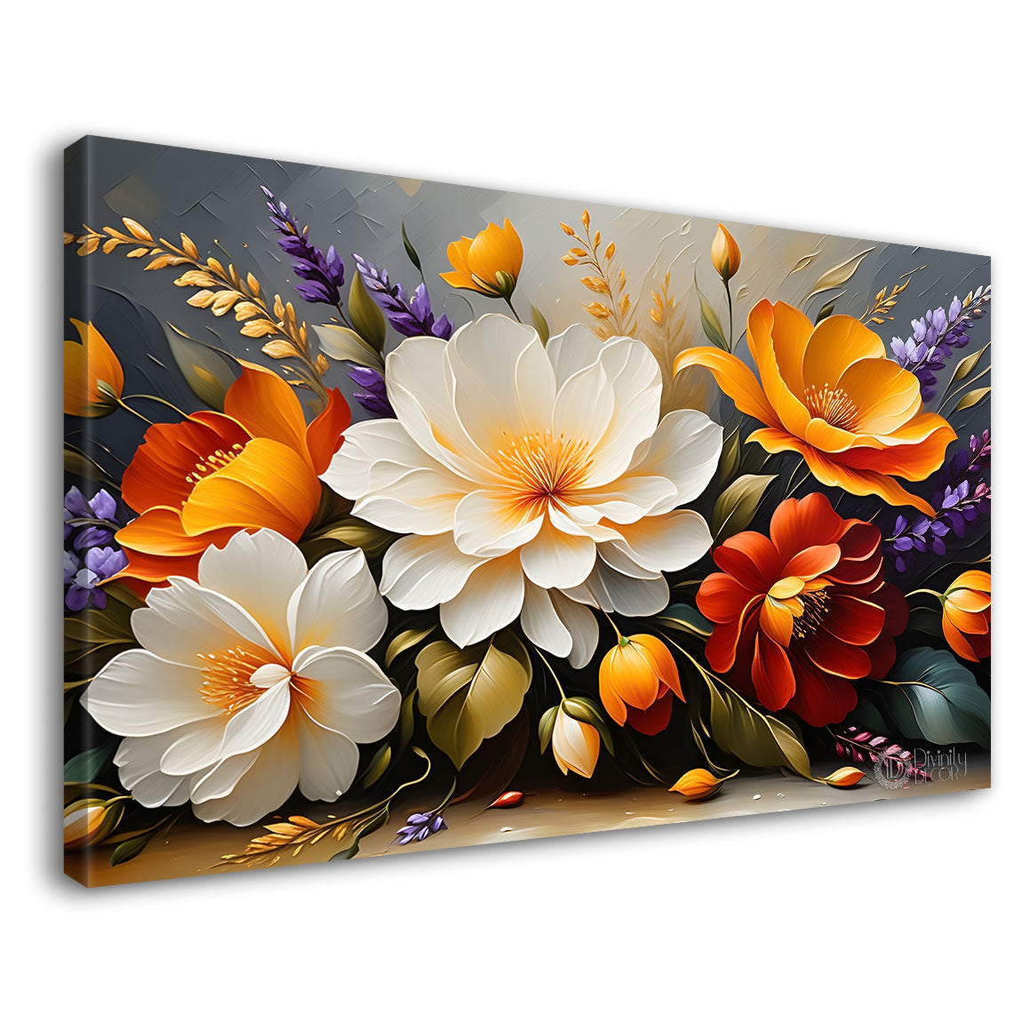 White flowers in the grey background canvas painting- Flower-433