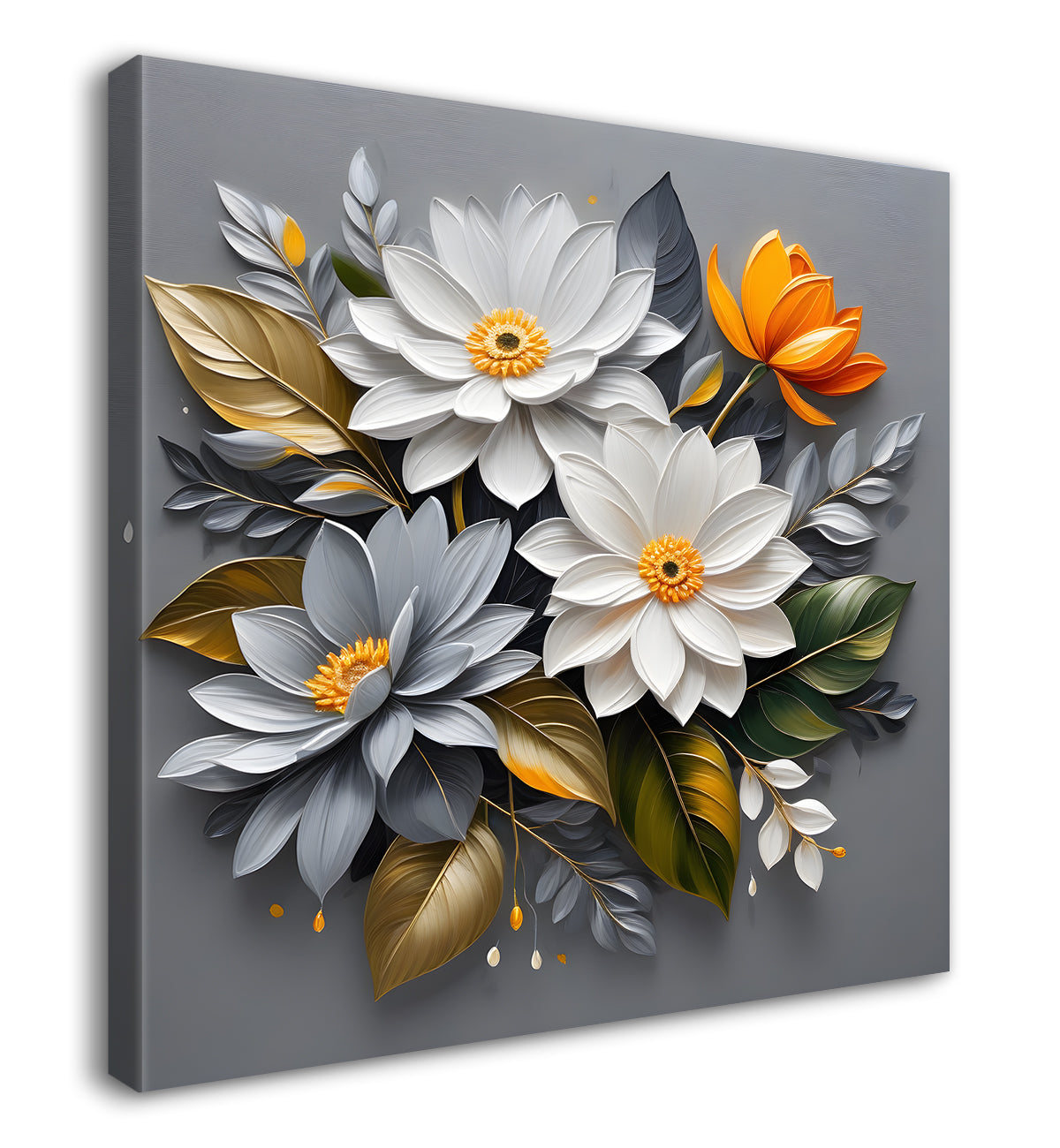 White flowers in grey textured oil painting - Flower-S-433