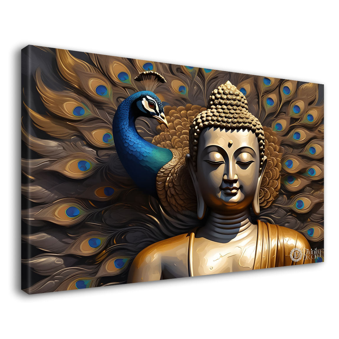 Golden buddha with the peacock feathers background textured painting Canvas Wall Painting - Buddha-434