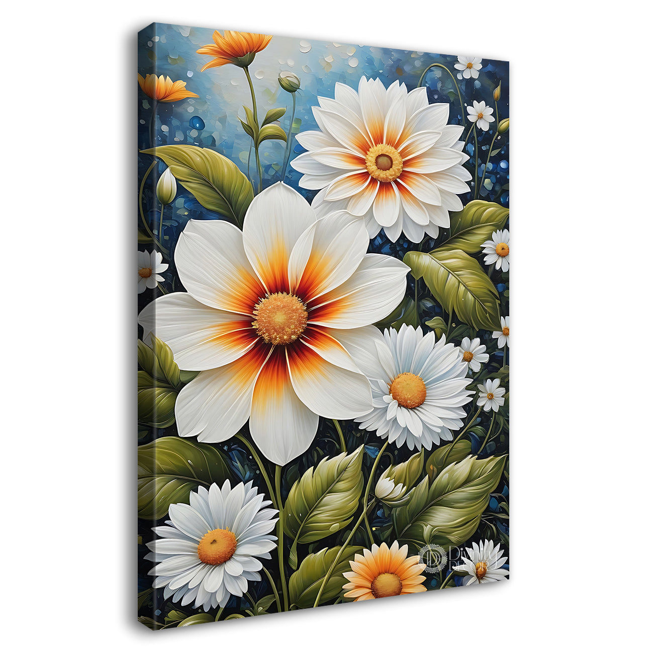 White flowers in sky blue textured painting- Flower-V-434