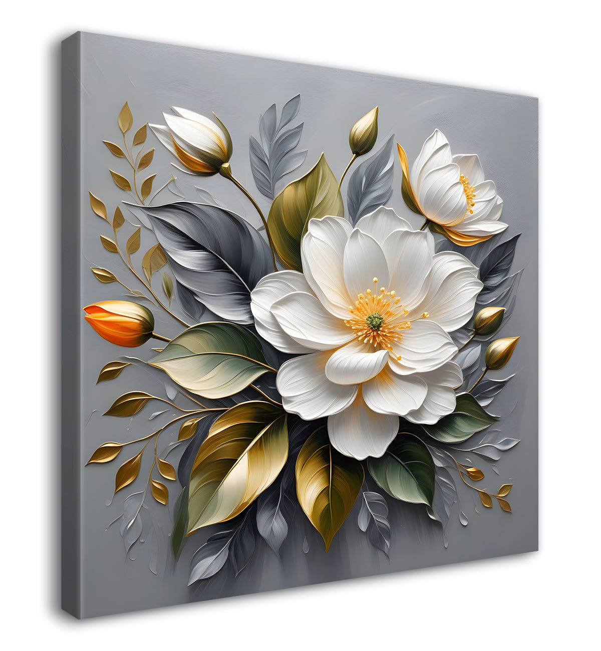White flowers in grey textured oil painting - Flower-S-434