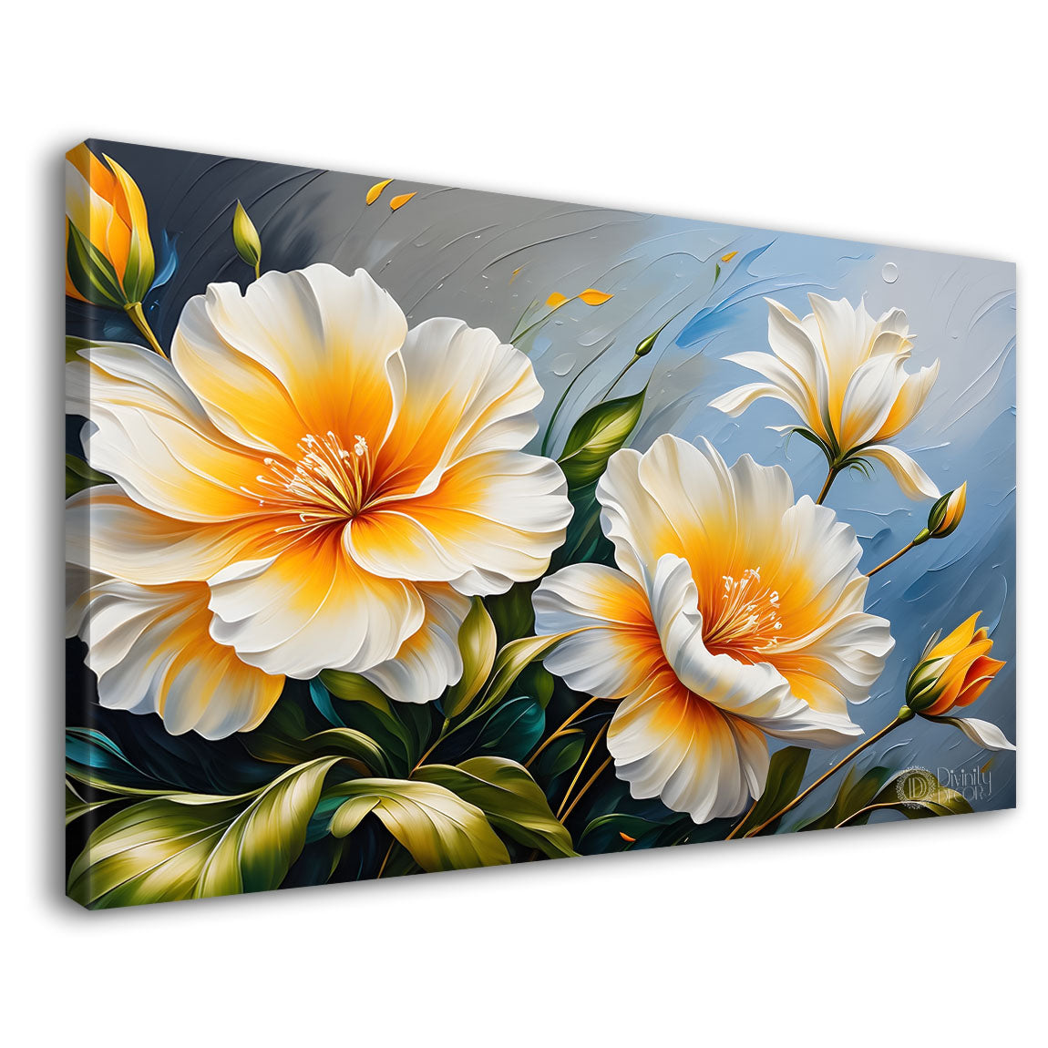 White flowers in blue background canvas painting- Flower-434