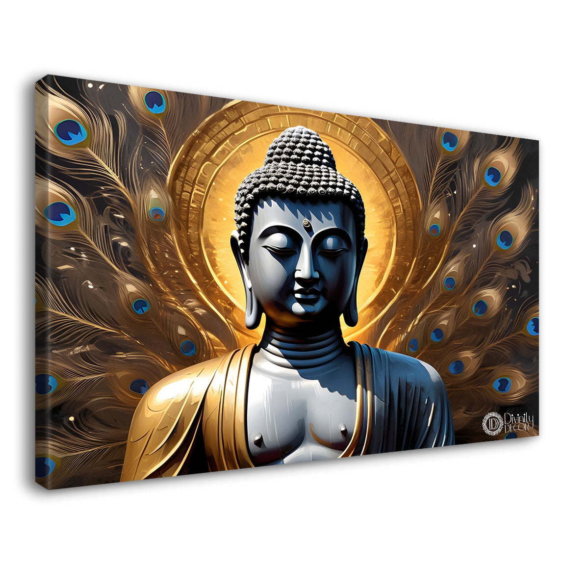 Golden buddha with the peacock feathers background textured painting Canvas Wall Painting - Buddha-435