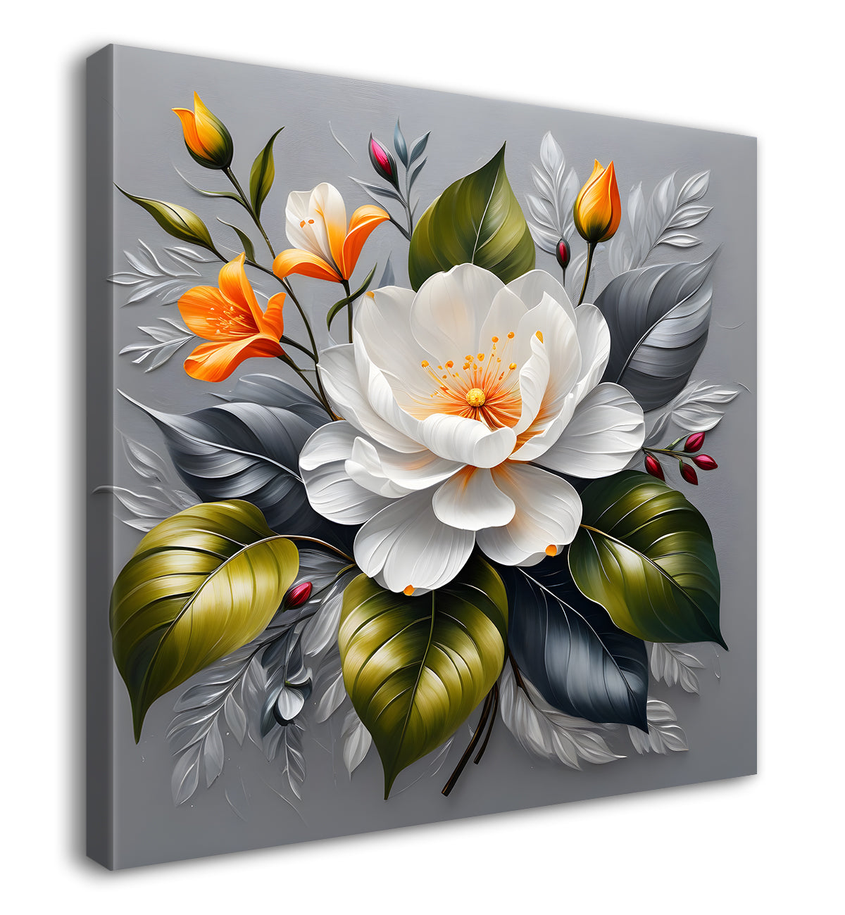 White flowers in grey textured oil painting - Flower-S-435
