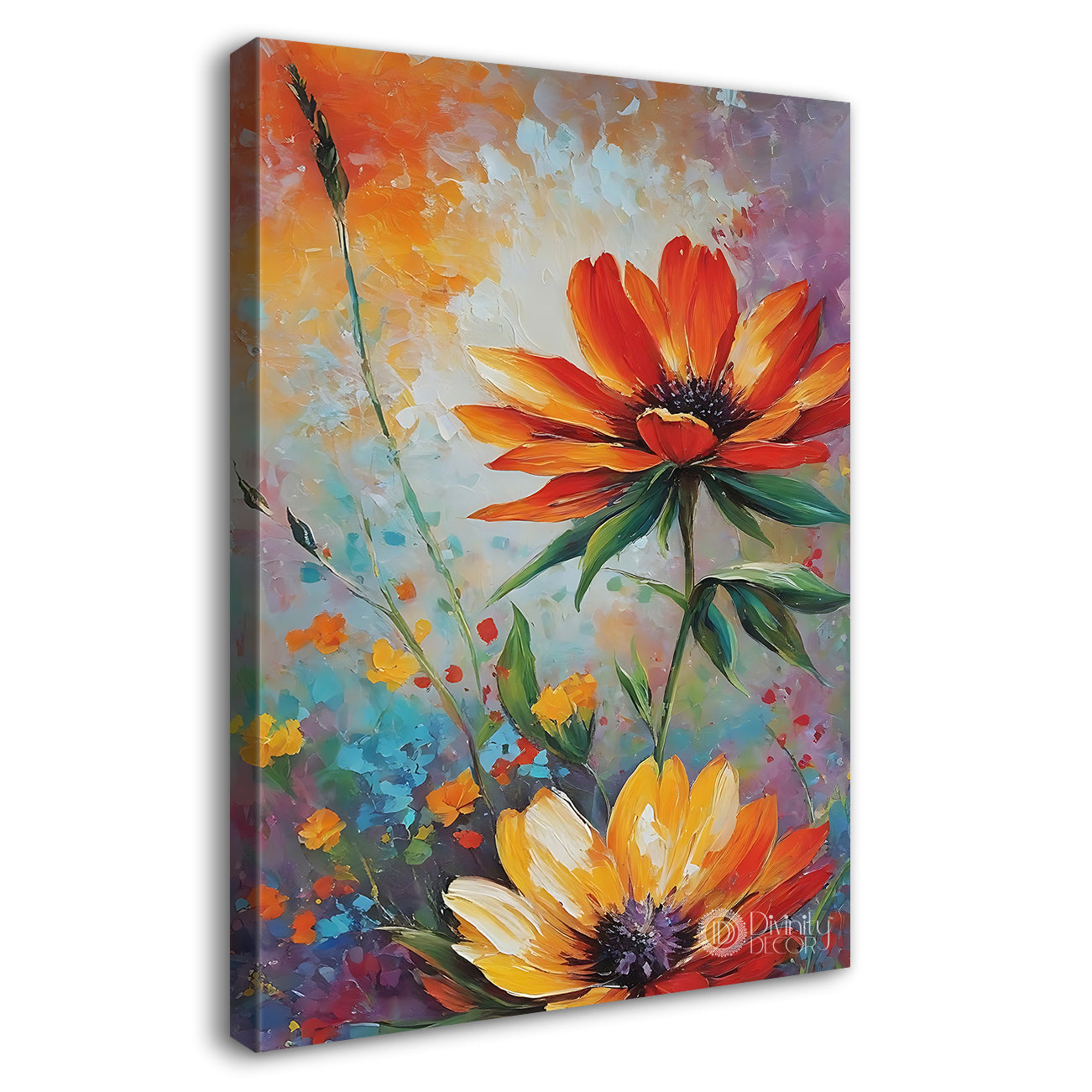 Orange flowers in colourful background art - Flower-V-435