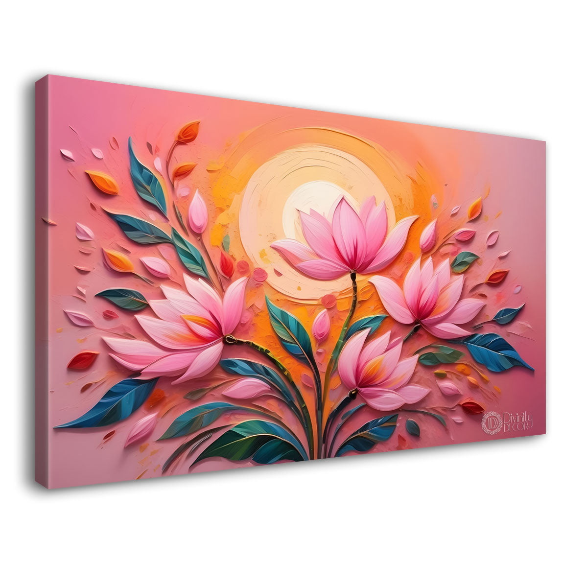Pink flowers with pink and sun textured art canvas painting- Flower-435