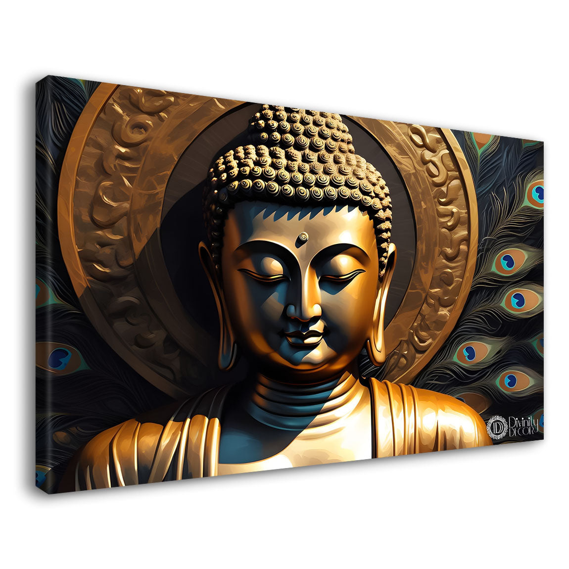 Golden buddha with the peacock feathers background textured painting Canvas Wall Painting - Buddha-436