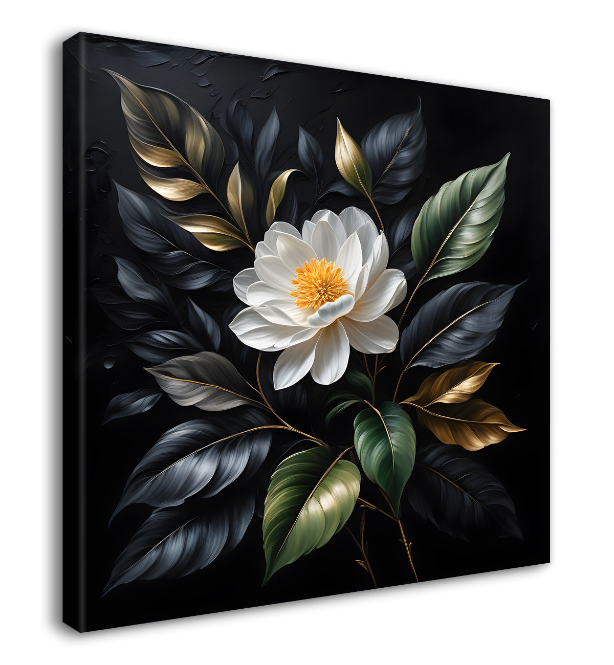 White flowers in black textured oil painting  - Flower-S-436
