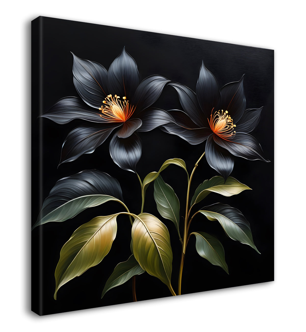Green leaves in black textured oil painting  - Flower-S-437