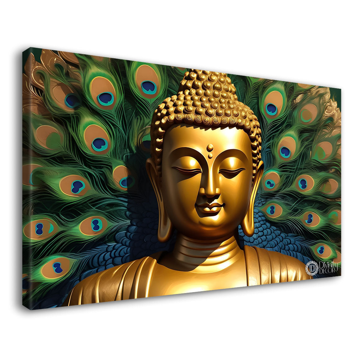 Golden buddha with the peacock feathers background textured painting Canvas Wall Painting - Buddha-438