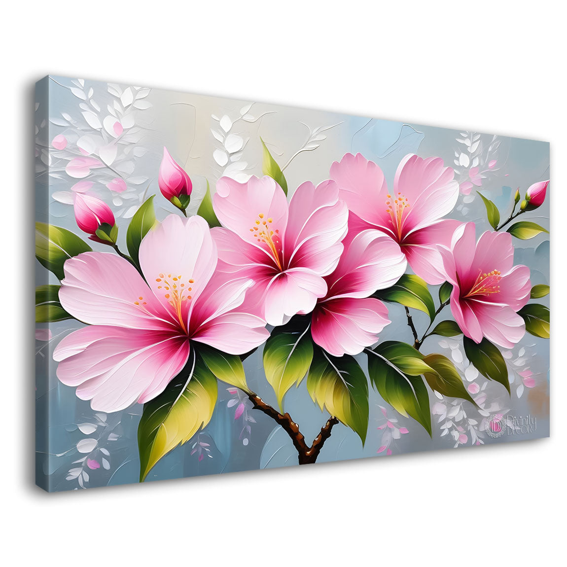 Pink flowers with blue background canvas painting- Flower-438
