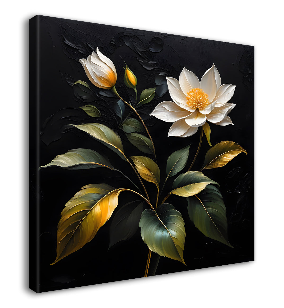 White flowers in black textured oil painting - Flower-S-438