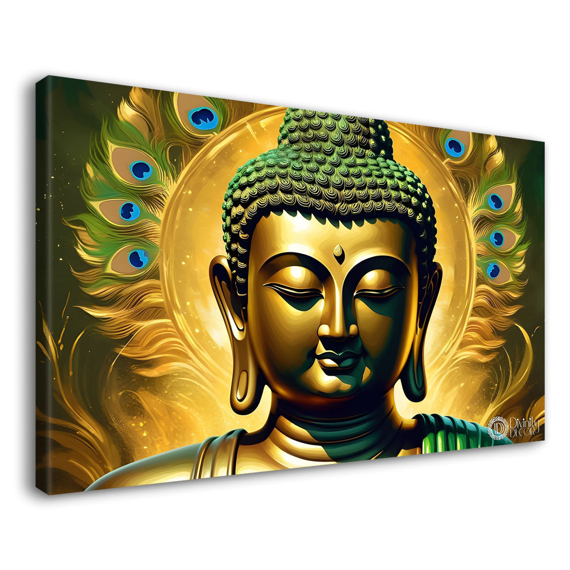 Golden buddha with the peacock feathers background textured painting Canvas Wall Painting - Buddha-439
