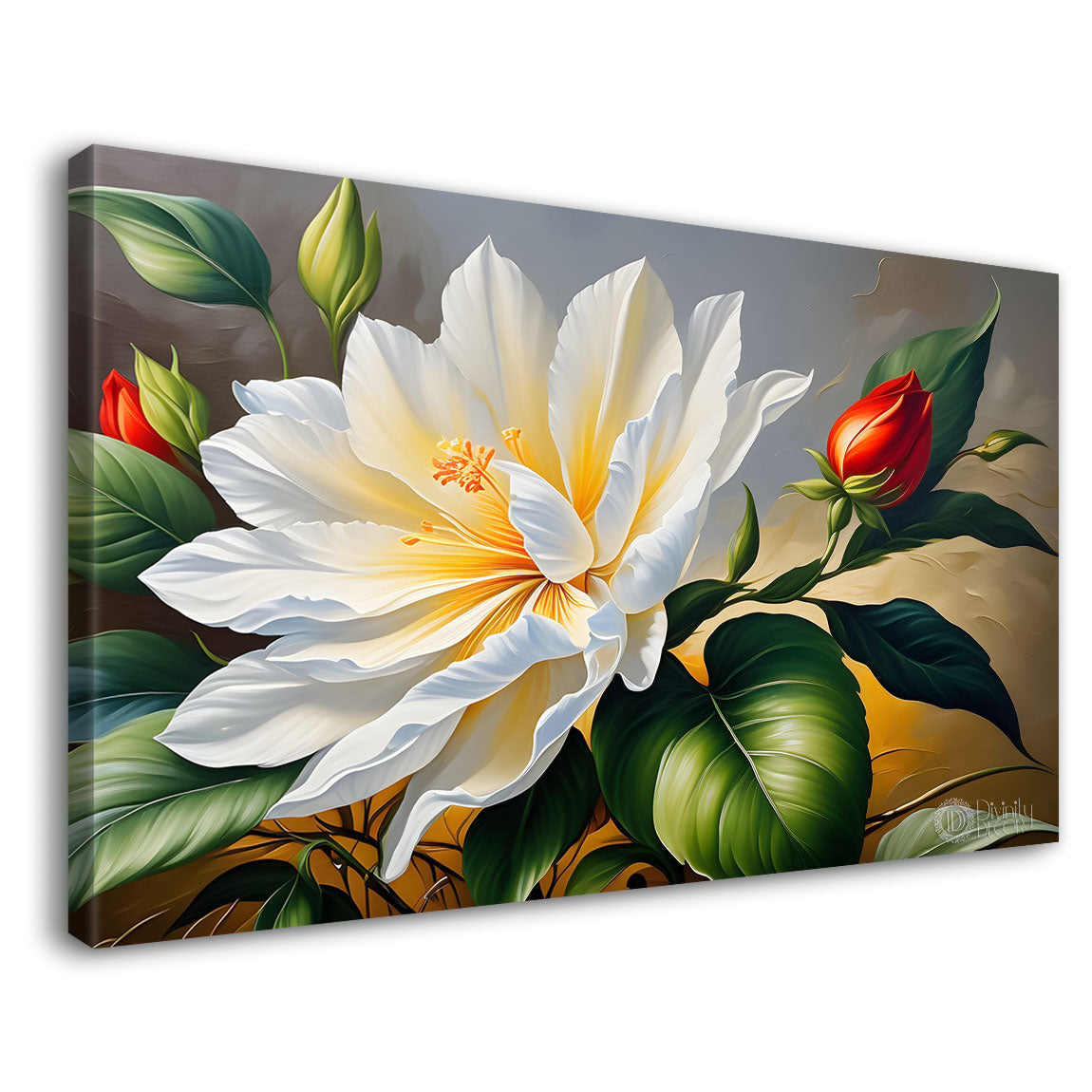 White flower with grey background canvas painting- Flower-439