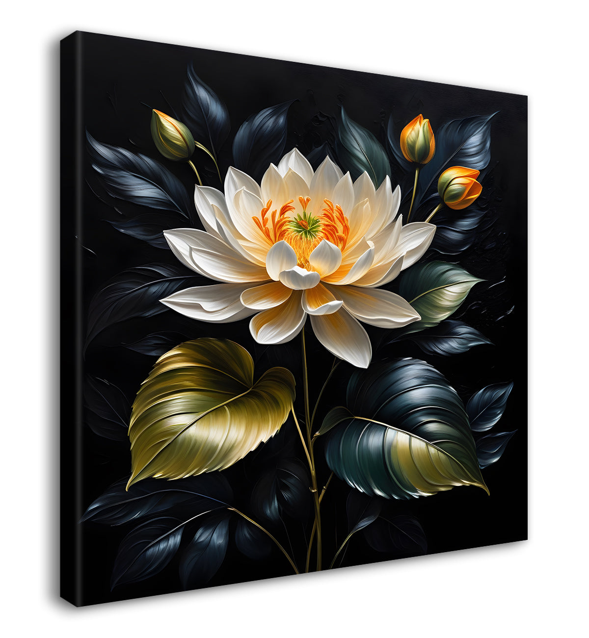 White flowers in black textured oil painting - Flower-S-439