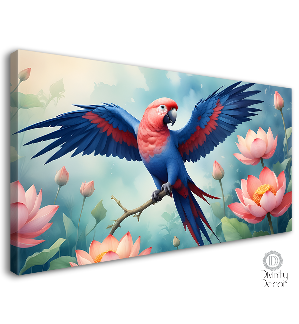 Colorful Parrot with lotus and light blue textured art. - Design - Animal - 43