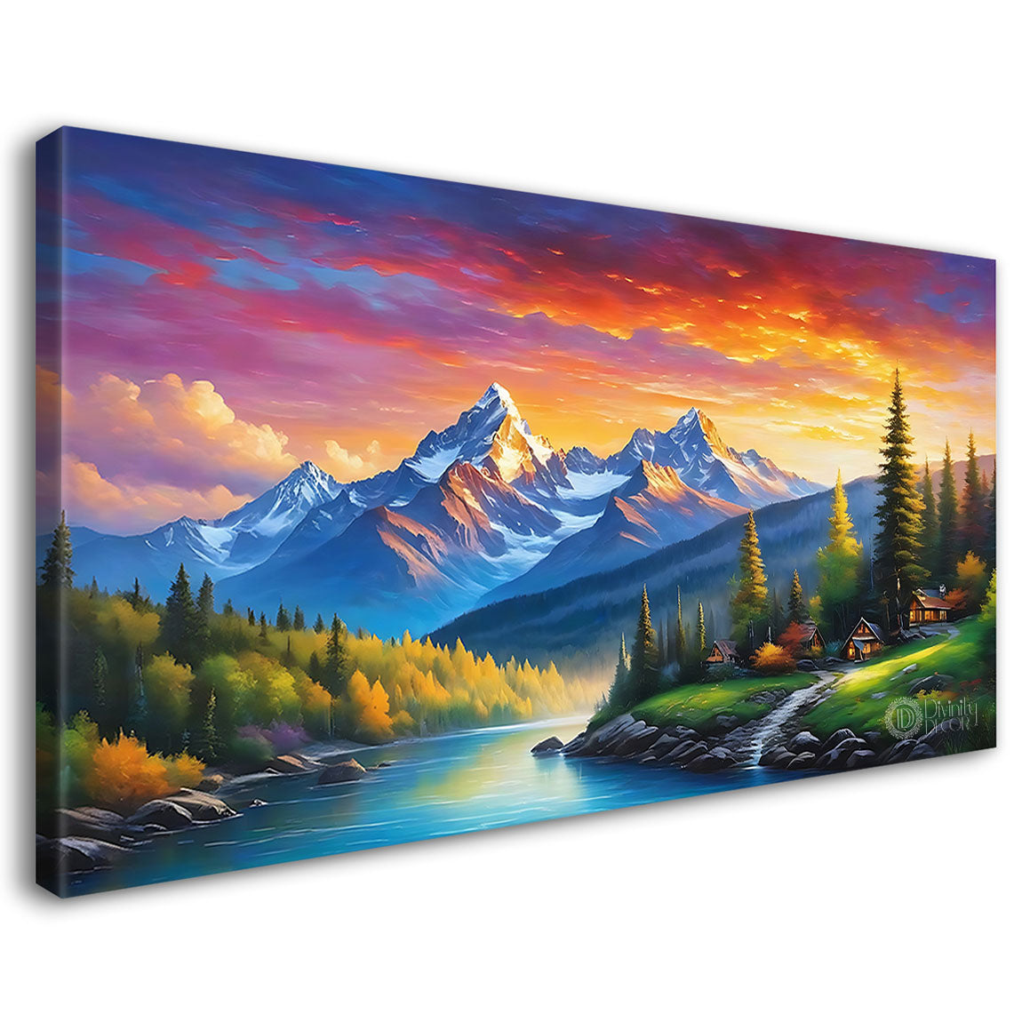 Mountains with river and colorful sky in textured natural art Canvas Painting - Nature Art -43