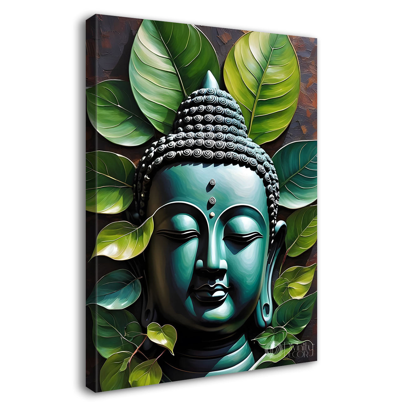 Blue buddha face with green leaves background textured painting - Buddha-V-43
