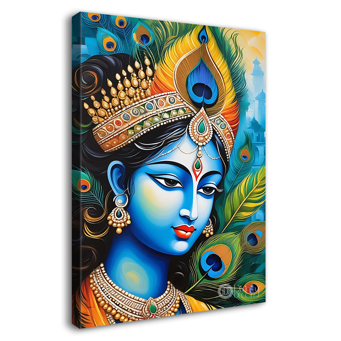 Blue face of krishna in peacock feathers background textured art Canvas Painting - Design - Krishna-V-43