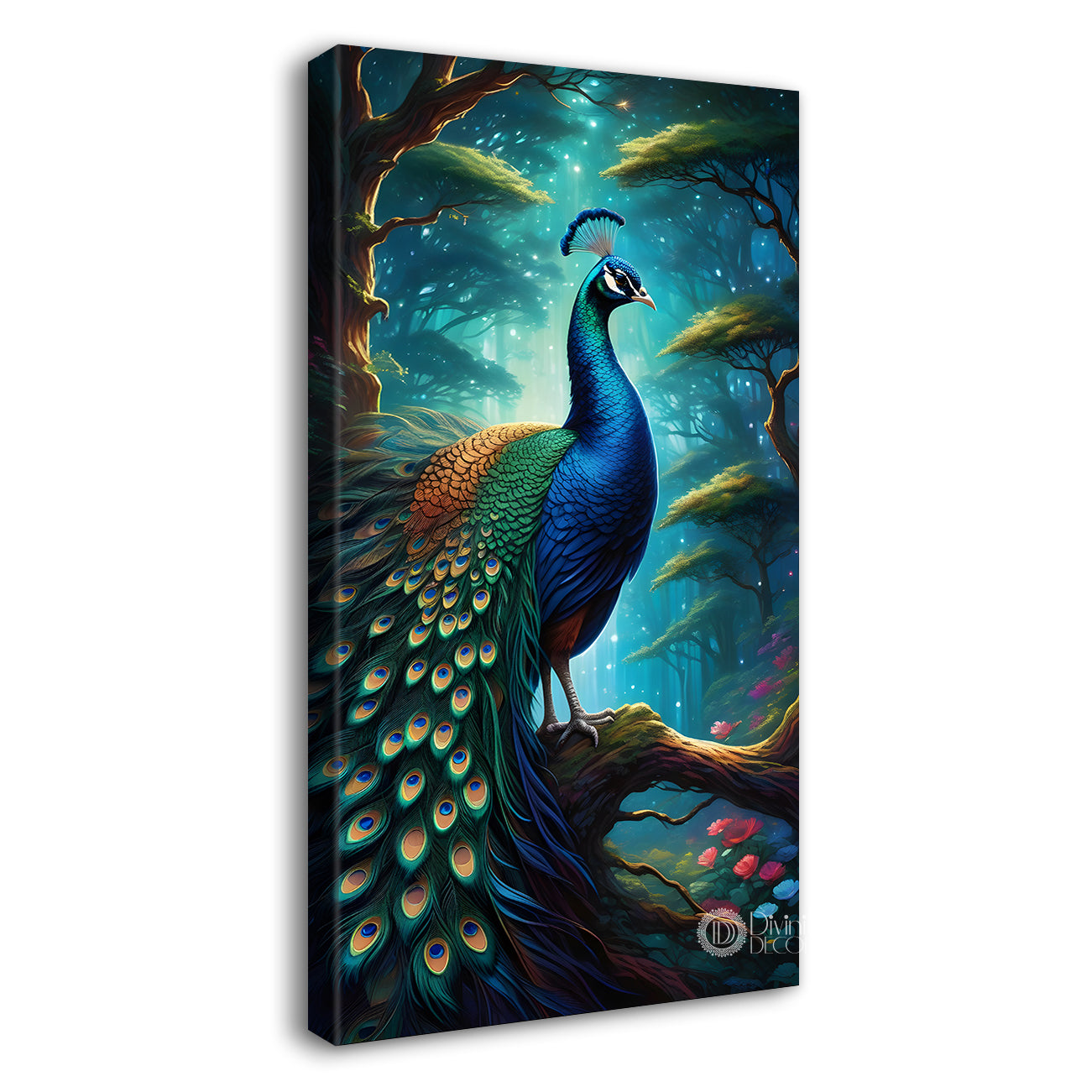Peacock on branch in front of moon with aqua background modern art painting  - Design - Peacock-V-43