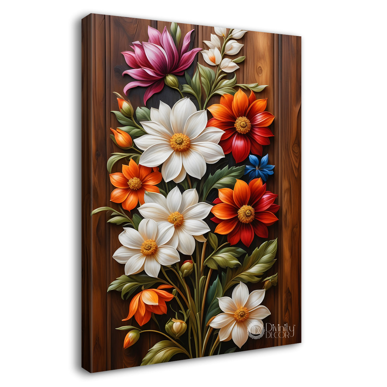 Colourful flowers in brown textured background painting - Flower-V-43