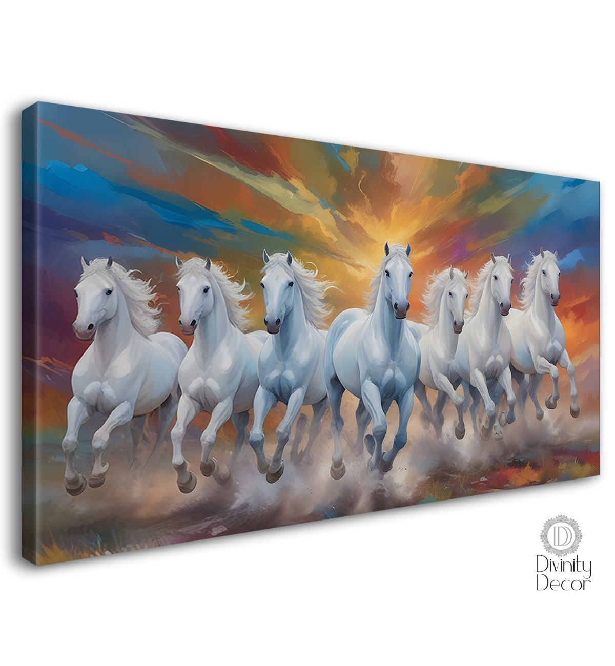 White running horses in colorful textured background art Canvas Painting - Design - Horse-44