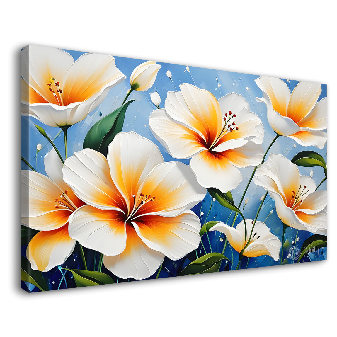 White flowers with blue background canvas painting- Flower-440