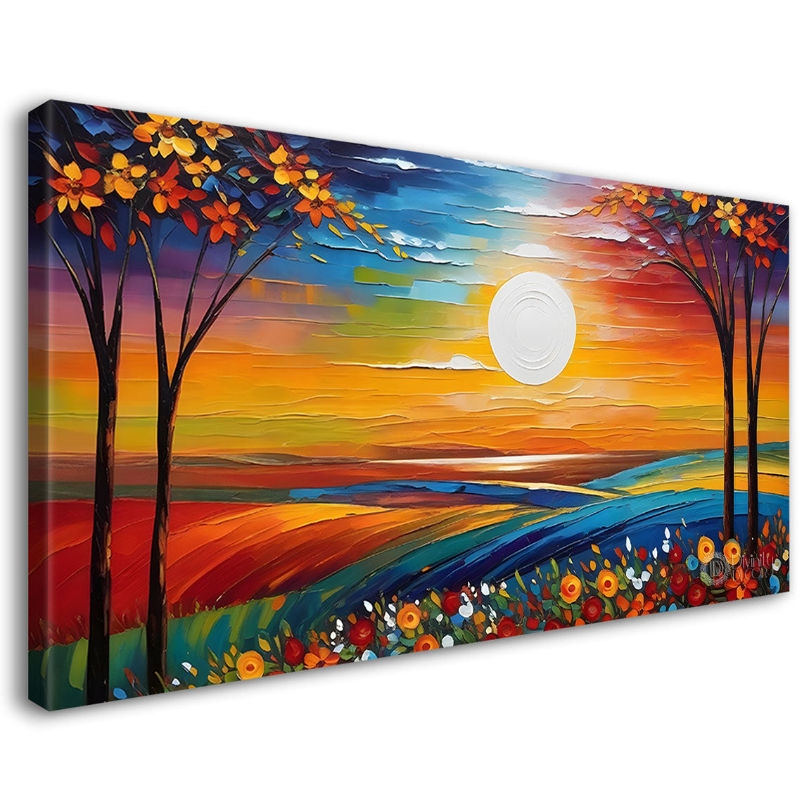 Trees with flower and sunset painting Canvas Painting - Nature Art -440