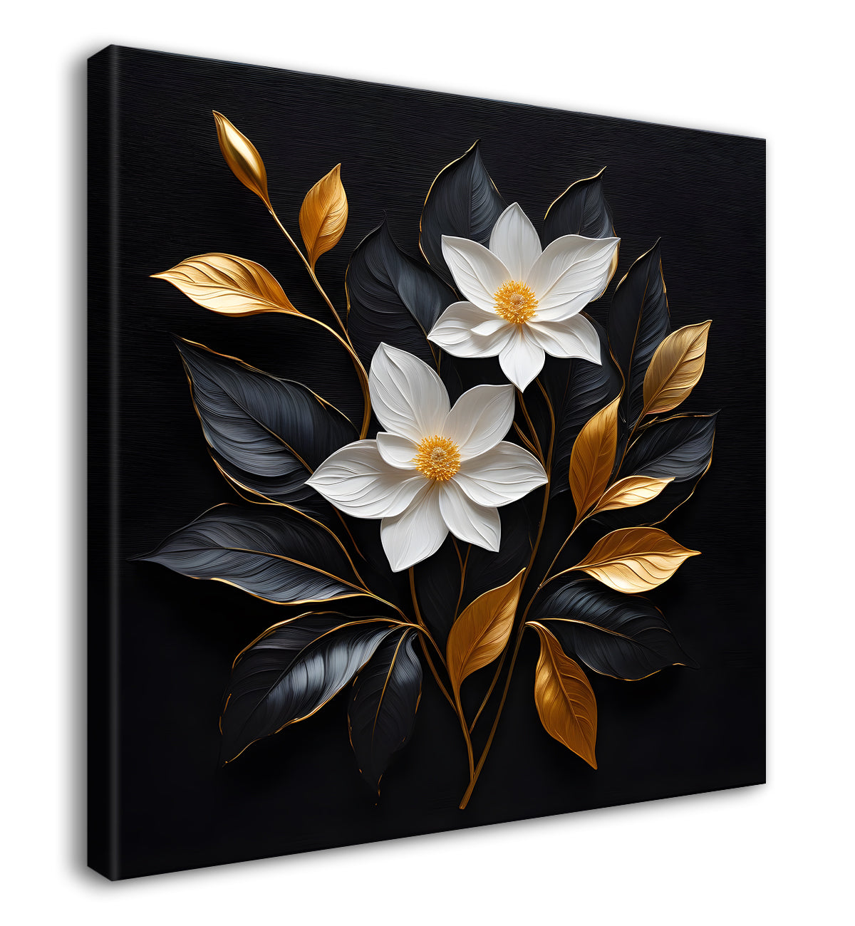 White flowers in black textured oil painting - Flower-S-440