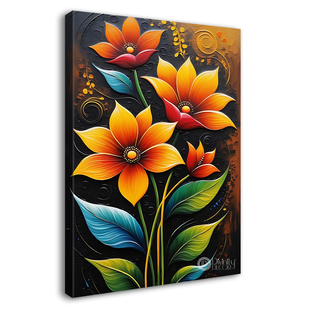 orange flowers in brown textured painting - Flower-V-440