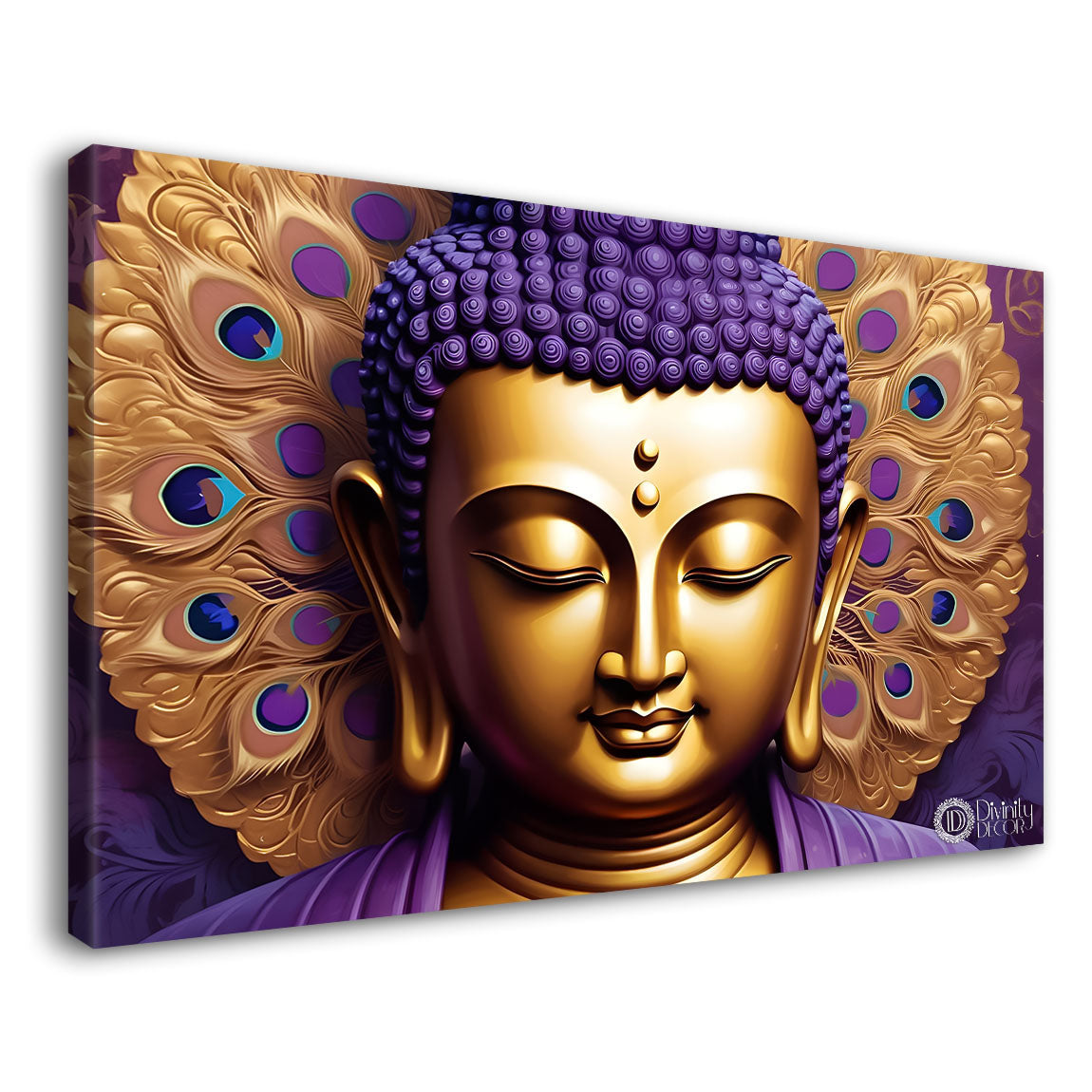 Purple buddha with the peacock feathers background textured painting Canvas Wall Painting - Buddha-440