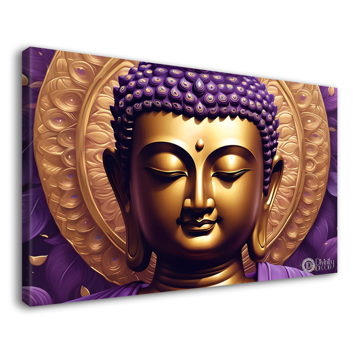 Purple buddha with the peacock feathers background textured painting Canvas Wall Painting - Buddha-441