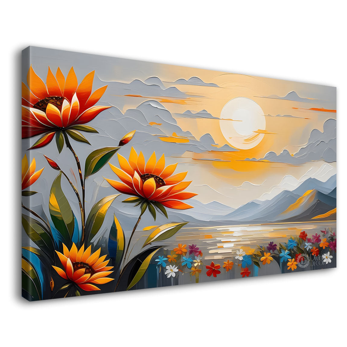 Sunflowers with the mountains and sun in grey textured art canvas painting- Flower-441