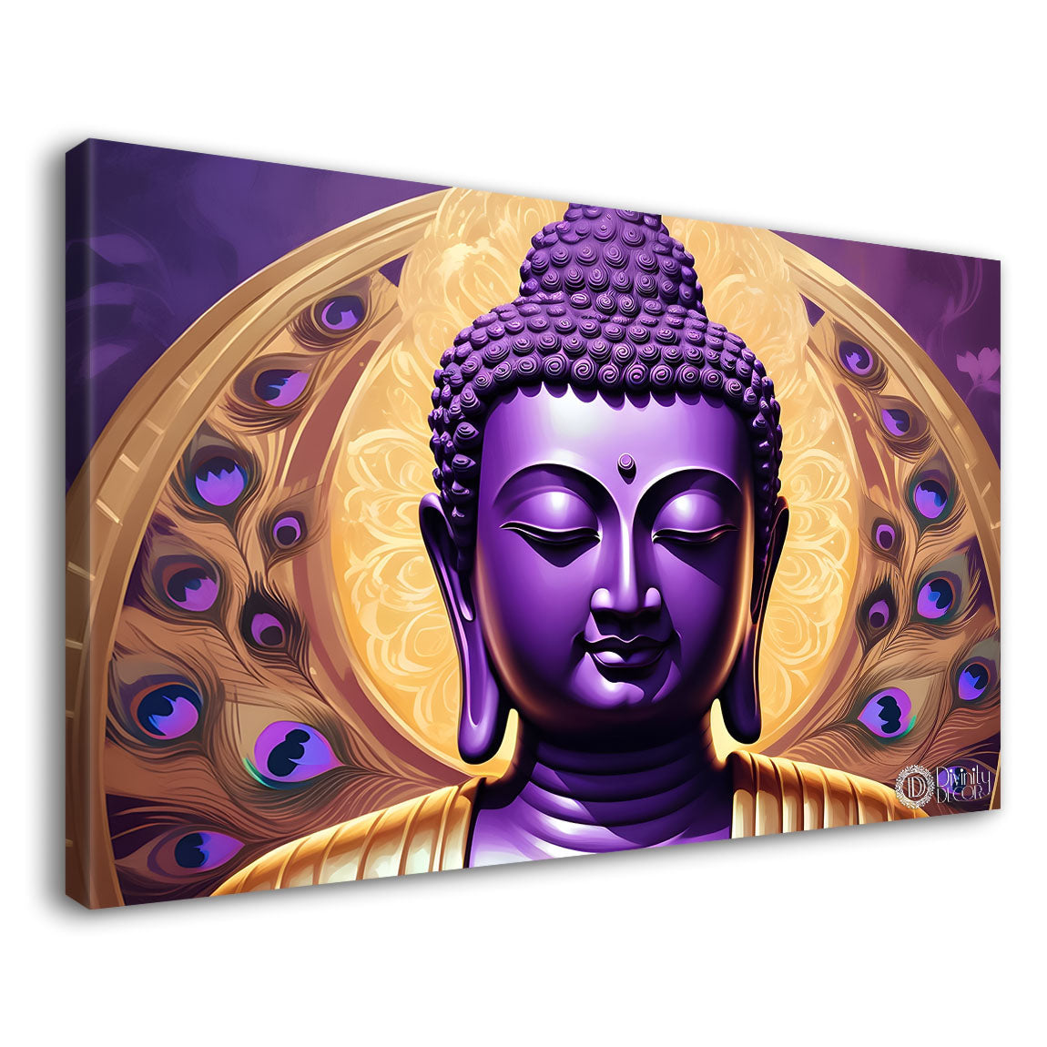 Purple buddha with the peacock feathers background textured painting Canvas Wall Painting - Buddha-442