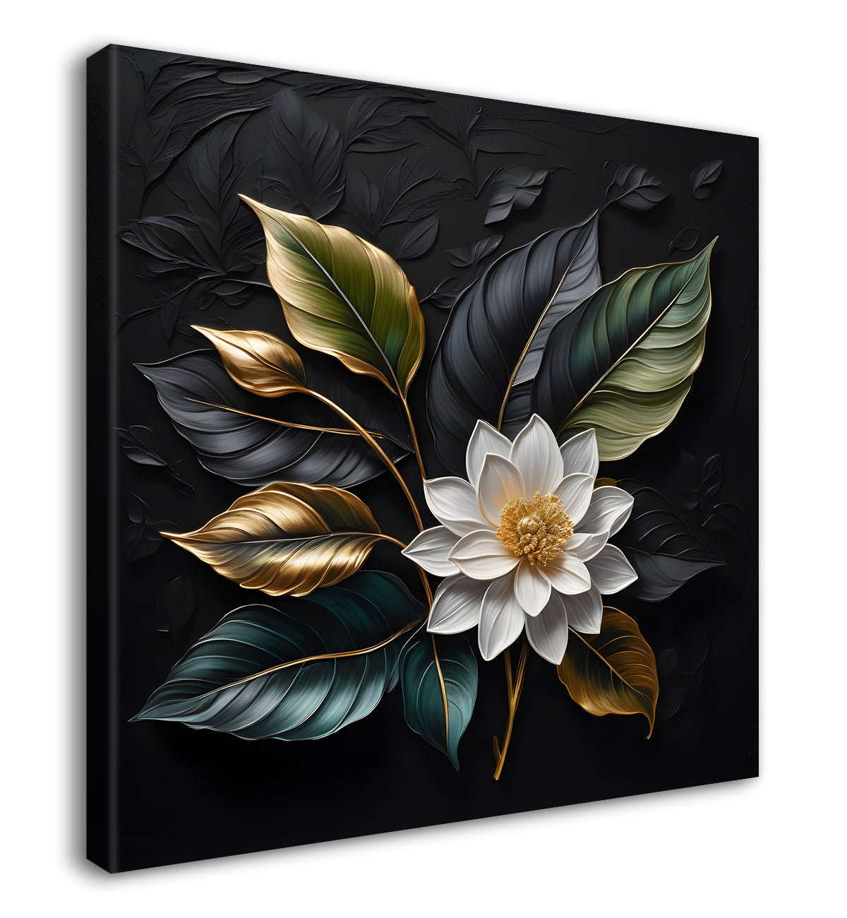 White flower in black textured oil painting - Flower-S-442
