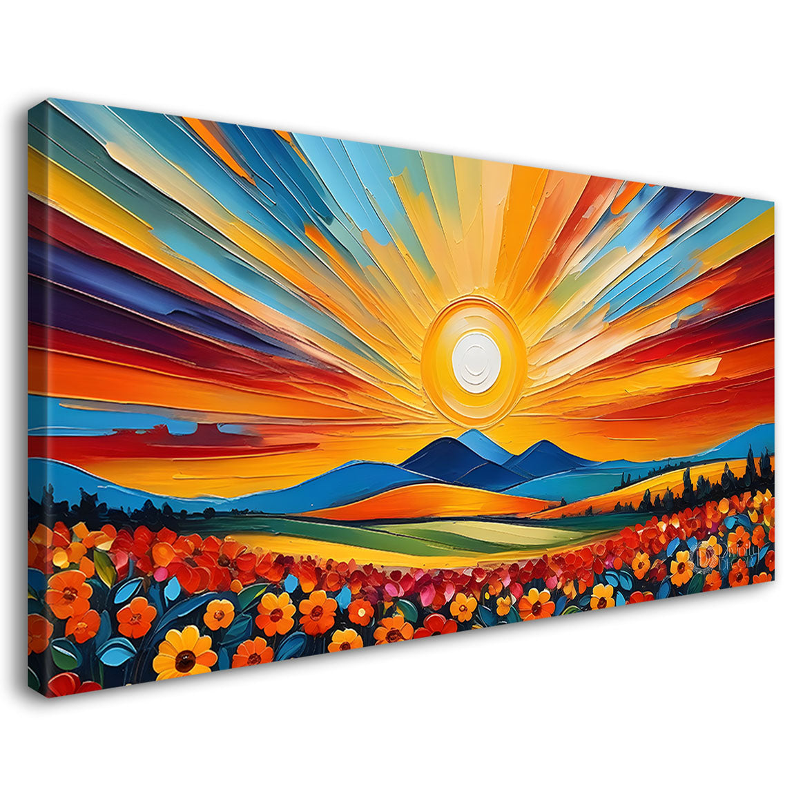 Mountains with flowers and sunset painting Canvas Painting - Nature Art -442