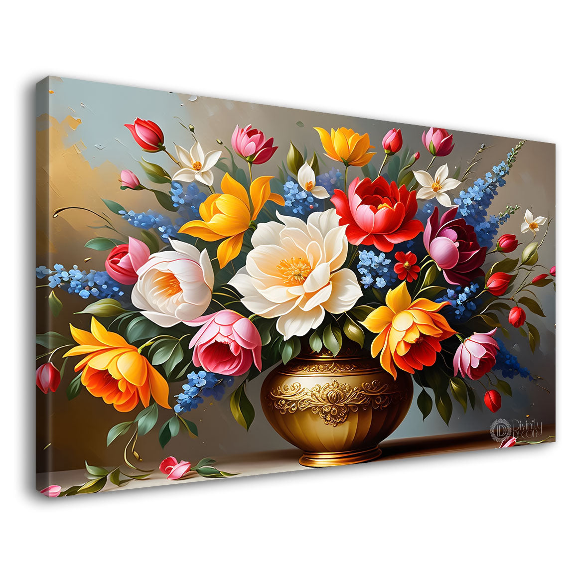Colorful flowers in grey background canvas painting- Flower-442