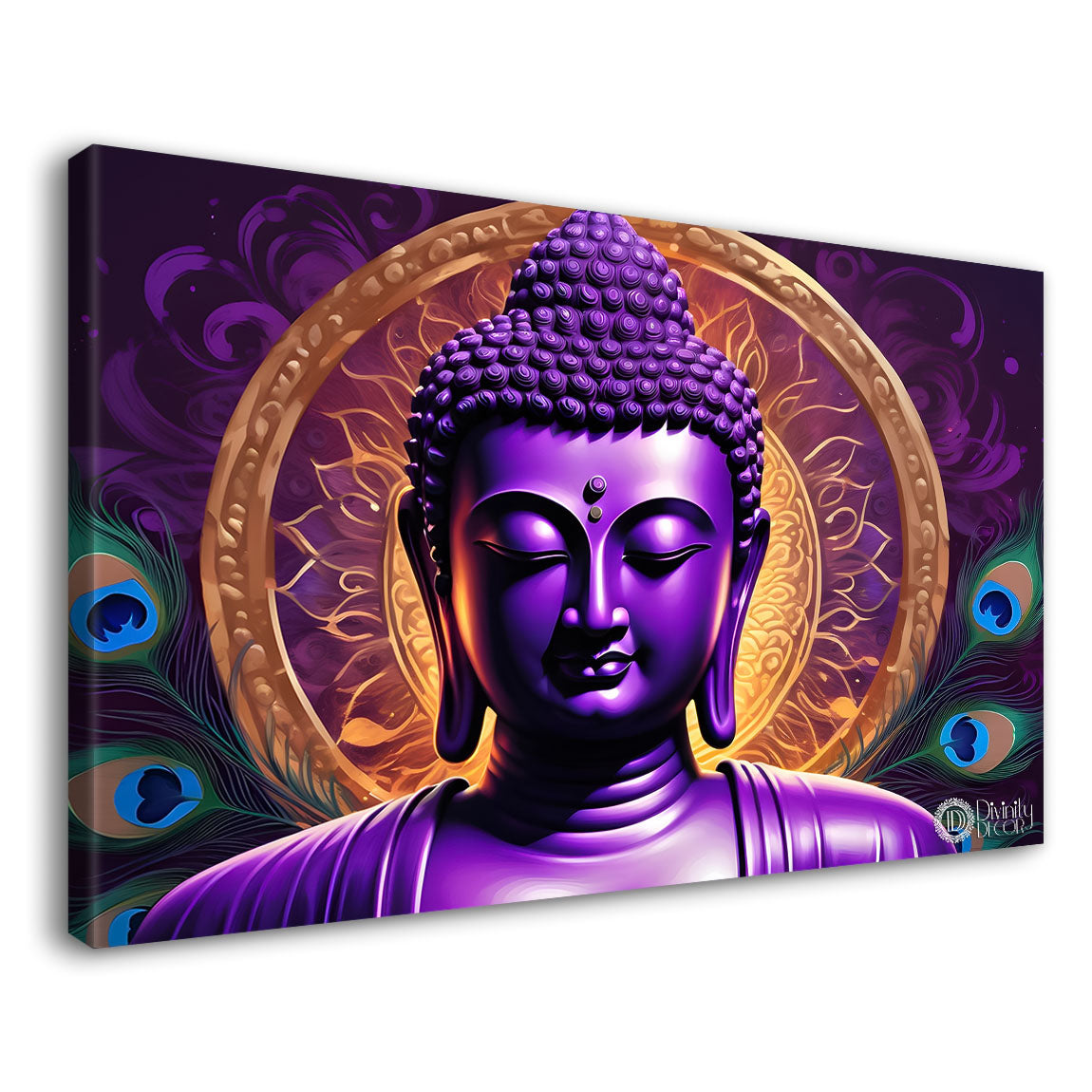 Purple buddha with the peacock feathers background textured painting Canvas Wall Painting - Buddha-443