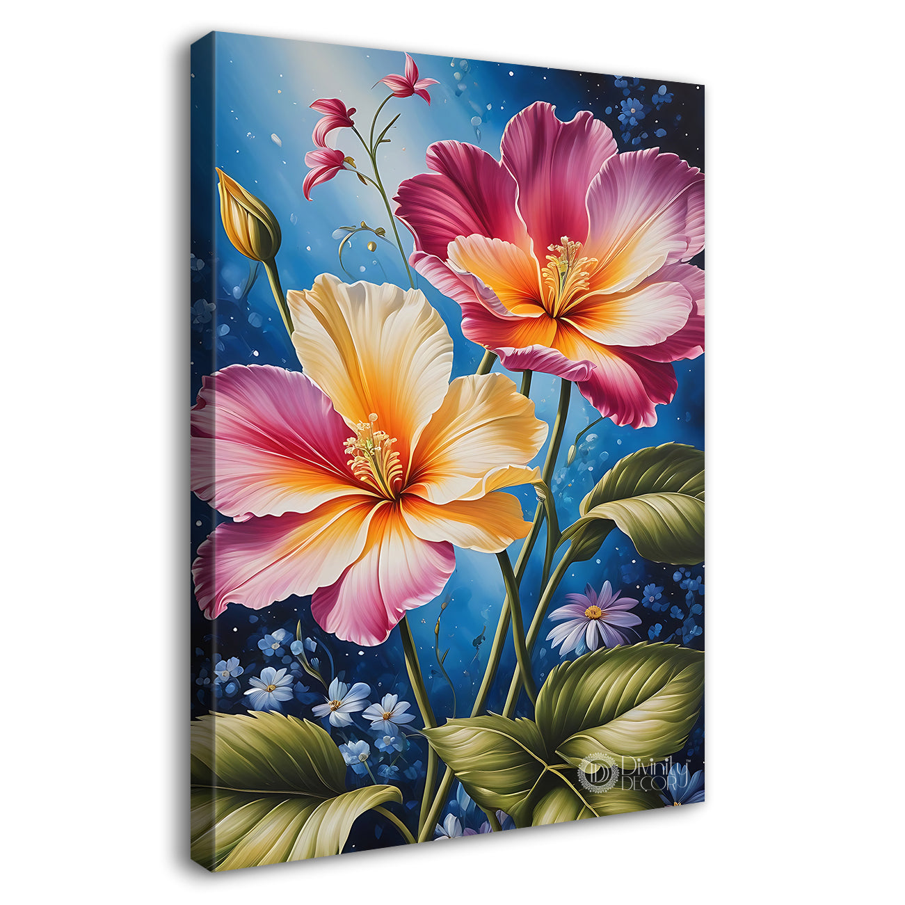 Pink flowers in blue textured painting - Flower-V-443