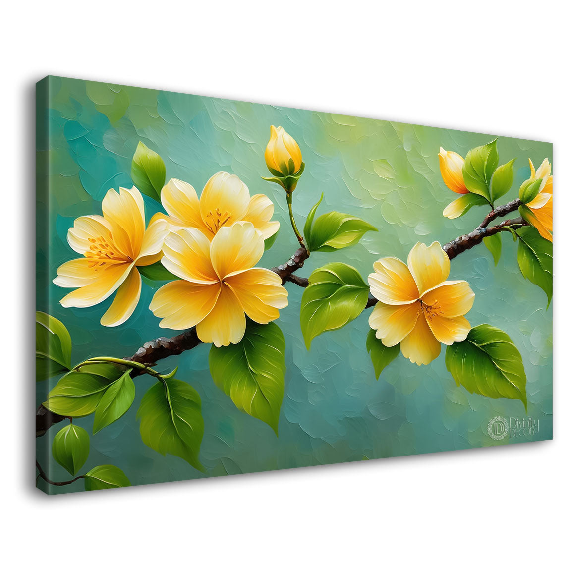 Yellow flowers in green background canvas painting- Flower-443