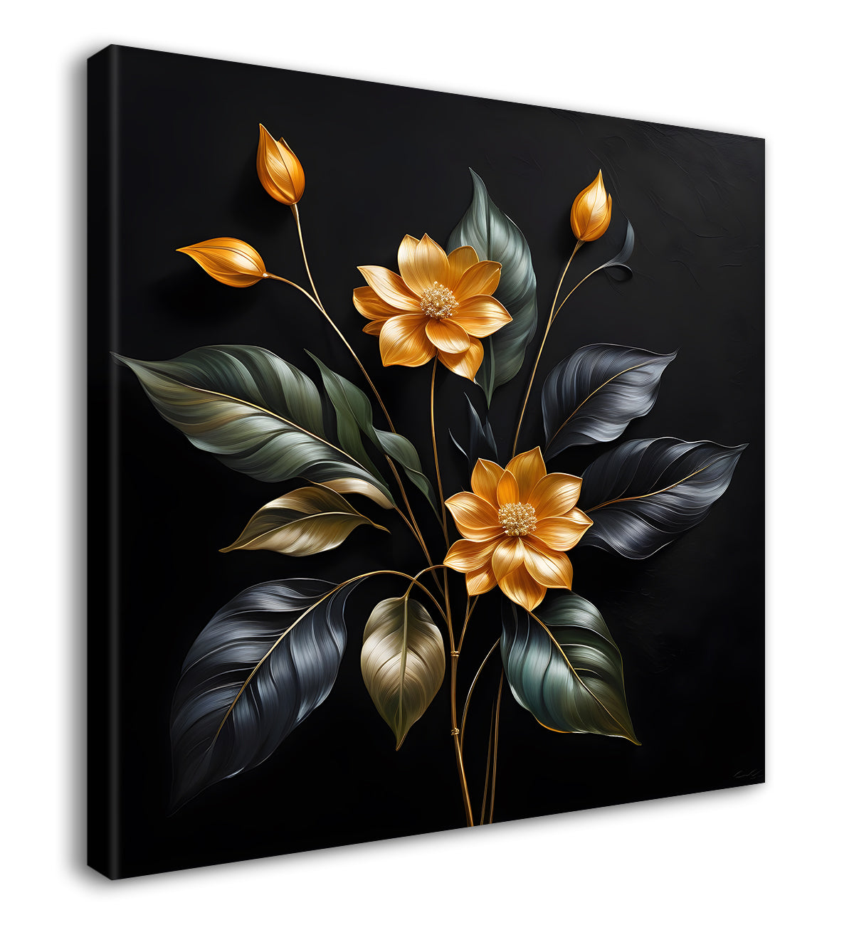 Yellow flower in black textured oil painting - Flower-S-443